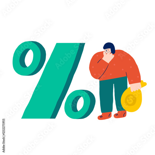 Money, finance, payment sign, icon, composition. Cute hand drawn doodle market, earning, deposit, currency, payment illustration with woman, money bag, percentage. Financial business background