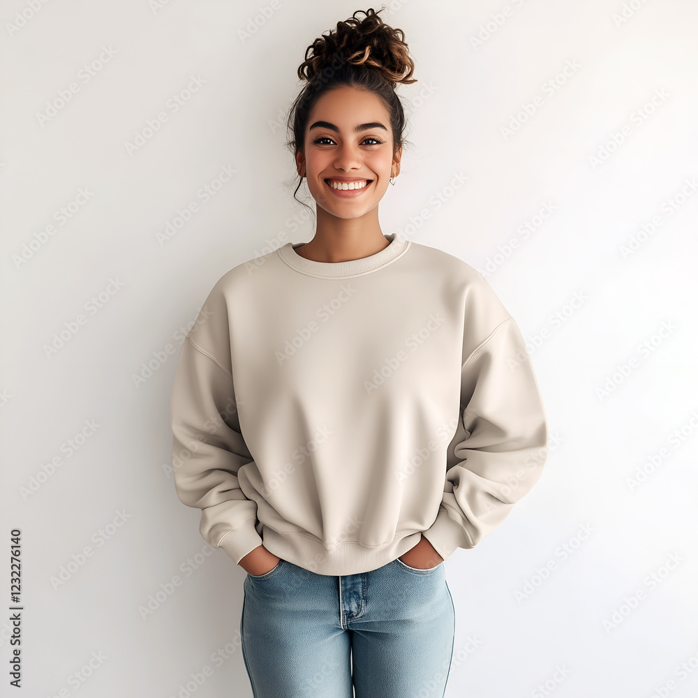 Smiling woman wearing a beige sweatshirt and light blue jeans against a simple background. She is stylish and casual in this relaxed portrait. Smiling woman wearing a beige sweatshirt and light blue jeans against a simple background. She is stylish and casual in this relaxed portrait.