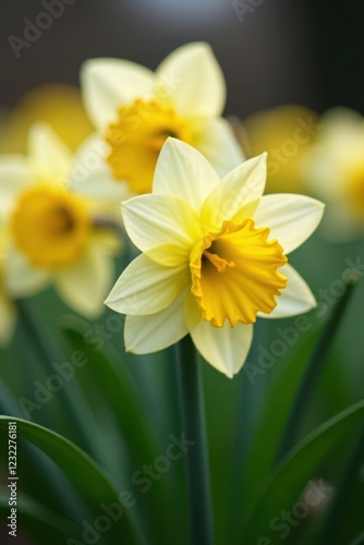 Close-up of daffodils, intricate details visible, texture, flower close-up
