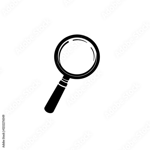 Black magnifying glass icon on white background with copy space