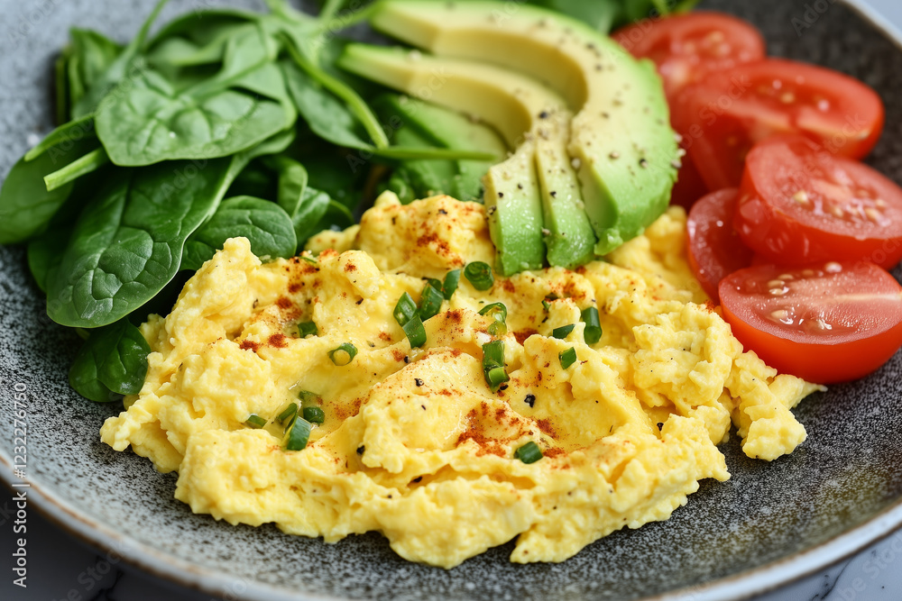 Freshly cooked scrambled eggs with avocado, baby spinach and tomatoes. Healthy balanced morning breakfast and nutrition concept. Freshly cooked scrambled eggs with avocado, baby spinach and tomatoes. Healthy balanced morning breakfast and nutrition concept.