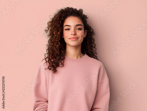 Smiling young woman with curly hair wearing a pink sweater against a blush pink background, showcasing a natural beauty and casual style with a radiant and confident expression 