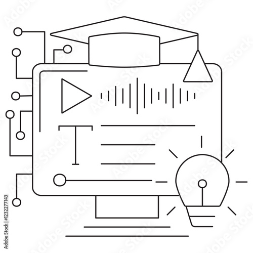 AI Text Learning icon. Simple outline monochrome black vector pictogram with thin lines on a transparent background. Line thickness is editable