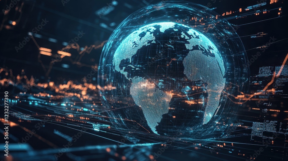 A futuristic representation of global connections, a globe surrounded by spinning holographic data points, sci-fi, high resolution, vibrant tones A futuristic representation of global connections, a globe surrounded by spinning holographic data points, sci-fi, high resolution, vibrant tones