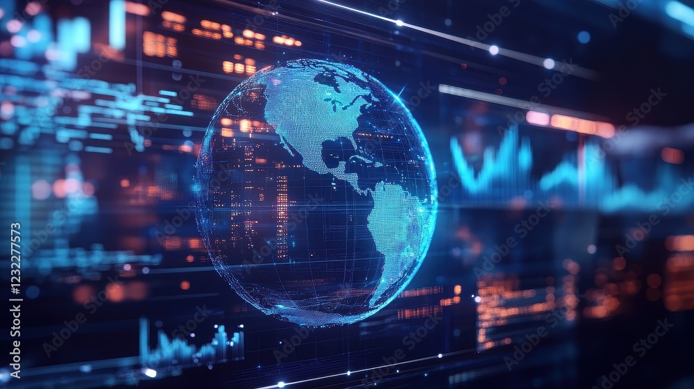 A futuristic representation of global connections, a globe surrounded by spinning holographic data points, sci-fi, high resolution, vibrant tones A futuristic representation of global connections, a globe surrounded by spinning holographic data points, sci-fi, high resolution, vibrant tones
