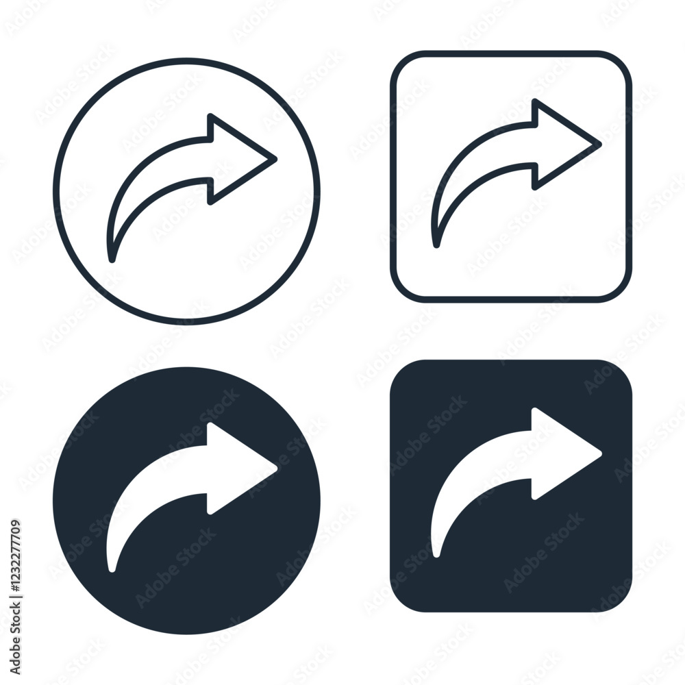 Set of round and square buttons with arrow share, send, reply. Vector linear icon isolated on white background. Set of round and square buttons with arrow share, send, reply. Vector linear icon isolated on white background.