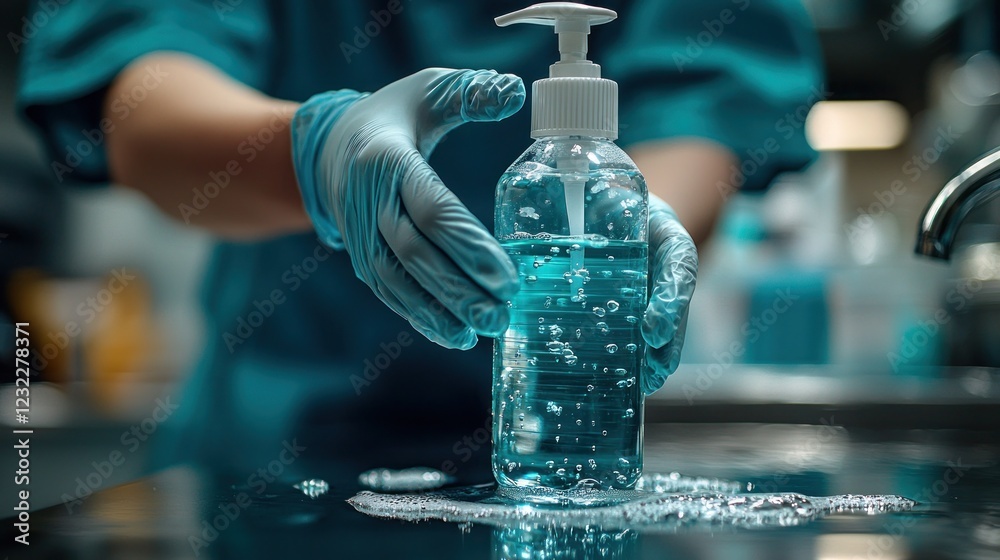 Medical Professional Showcasing Sanitizer Bottle in Clinical Environment Medical Professional Showcasing Sanitizer Bottle in Clinical Environment