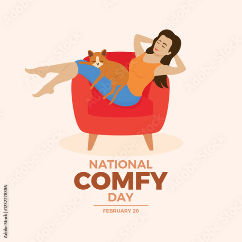 National Comfy Day poster vector illustration. Woman and cat relaxing on sofa vector. Girl and pet cat sleeping on a red armchair drawing. Template for background, banner, card. February 20.