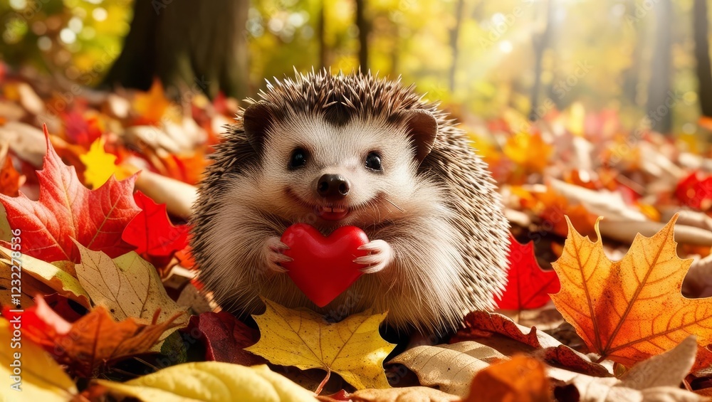 Cute Hedgehog Holding Red Heart Among Colorful Autumn Leaves Cute Hedgehog Holding Red Heart Among Colorful Autumn Leaves