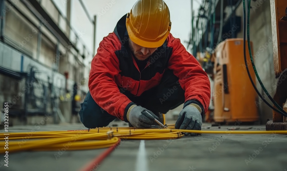 Worker connects wires on industrial floor with tool. Worker connects wires on industrial floor with tool.