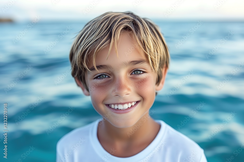 Portrait of a cheerful blond boy smiling against a backdrop of vibrant blue ocean water, enjoying a summer day at the beach. Portrait of a cheerful blond boy smiling against a backdrop of vibrant blue ocean water, enjoying a summer day at the beach.