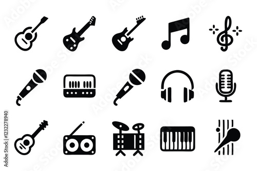 Create a clean, editable line icon set depicting various musical instruments and musical notes.  Include diverse instruments.