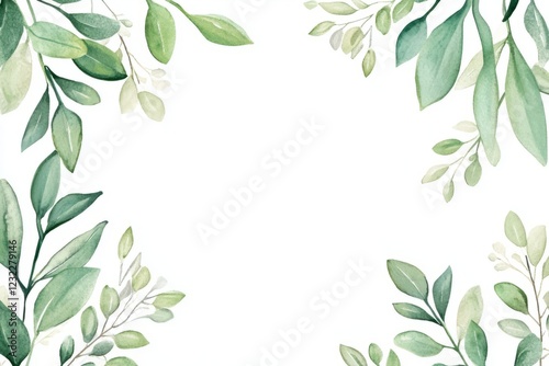 A Watercolor Painting Of Green Leaves Forming A Frame Around A White Background. Perfect For Invitations Or Cards.