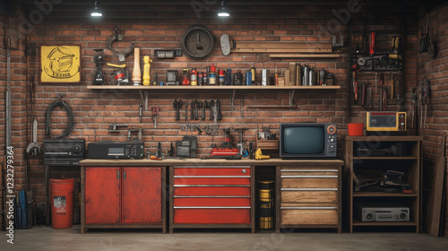 Garage interior furniture and working tools. Cartoon vector illustration set of storeroom, car repair and workspace equipment - storage cabinet and rack, toolbox and instruments, old radio and tv.