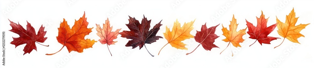 Fototapeta premium Vibrant Autumn Scene Colorful Maple Leaves Watercolor Design Thanksgiving Halloween Seasonal Elements