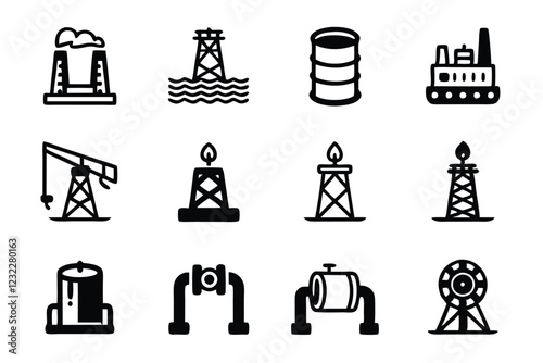 Create a line art icon set depicting various aspects of the oil and gas industry, including extraction, refining, transportation, and storage.  Icons should be easily editable.