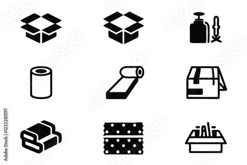 Create a clean, editable icon set depicting various stages of the packaging industry's production line, from raw materials to finished product.