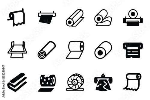 Editable line icon set depicting the paper and printing industry, including printing press, paper roll, and packaging.  Suitable for websites and applications.