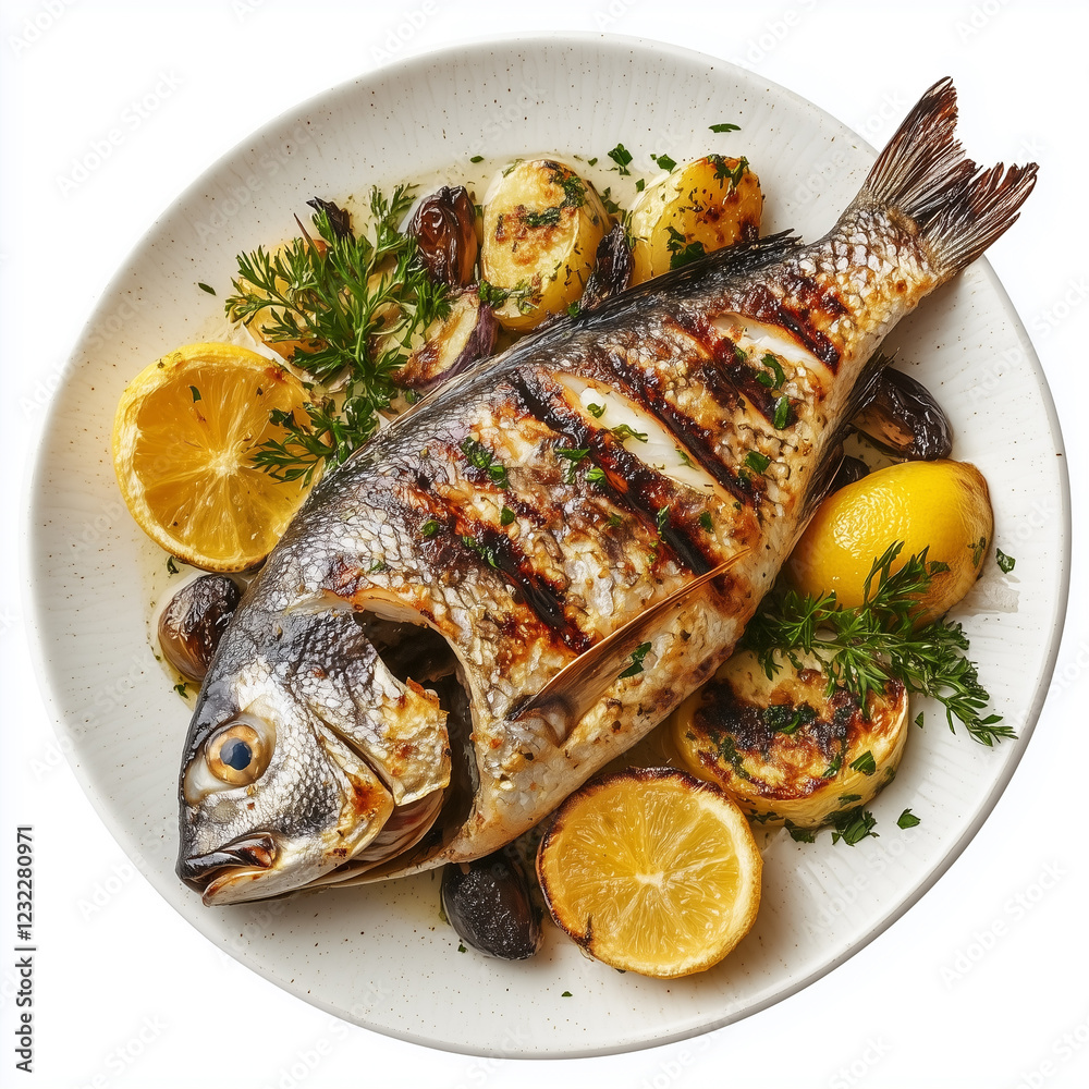 Platter of Baked And Grilled Whole Fish, Oval Platter Style, top view, isolated on white, food setting Platter of Baked And Grilled Whole Fish, Oval Platter Style, top view, isolated on white, food setting