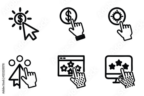 Create a clean, editable line icon depicting Pay-Per-Click (PPC) advertising.  Illustrate the concept clearly, suitable for digital marketing materials.