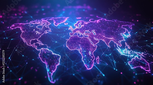 A surreal cyberpunk-style world map with neon trade routes forming an intricate spiderweb of global commerce, set in deep purple and electric blue tones. 