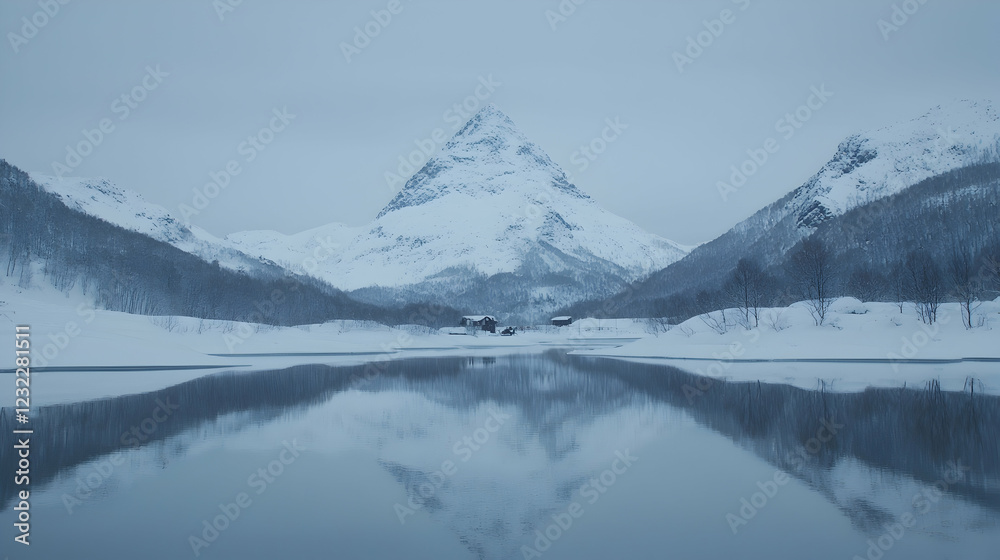 Snowy mountain reflection in calm lake, winter landscape, idyllic scene Snowy mountain reflection in calm lake, winter landscape, idyllic scene
