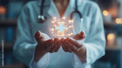 Health care and medical services concept. Doctor with stethoscope holding glowing medical cross symbol.