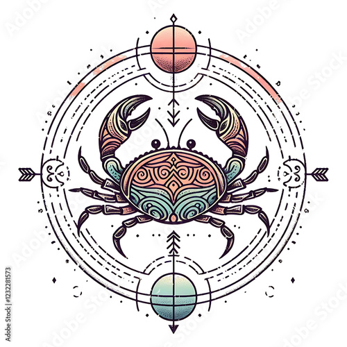 vertical alignment of Colored Cancer Zodiac Sign With celestial cosmic elements.