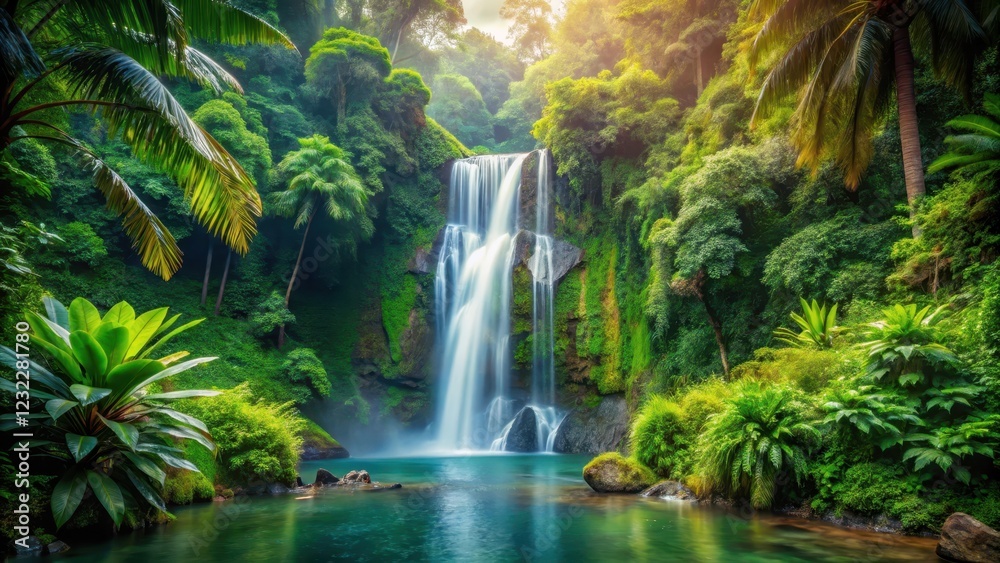 waterfall in dense jungle, tropical paradise, waterfall scenery waterfall in dense jungle, tropical paradise, waterfall scenery