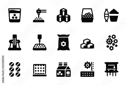 Create a clean, editable icon set depicting various stages of plastic production in a manufacturing line.  Include icons for molding, recycling, and transportation.