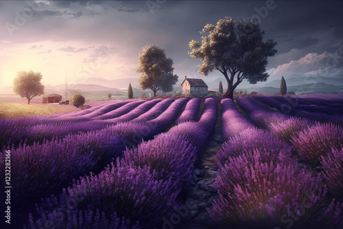 Beautiful lavender field with old little houses in the rays of the sun. Generative AI