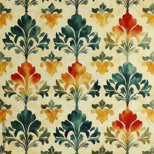 
Imperial damask with floral pattern, vintage style. Wallpaper damask pattern. Texture damask ornament print on paper and fabric. Geometric vintage pattern art.