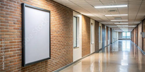 Empty poster frame mockup hanging on wall in university campus corridor , empty frame, frame,  empty frame