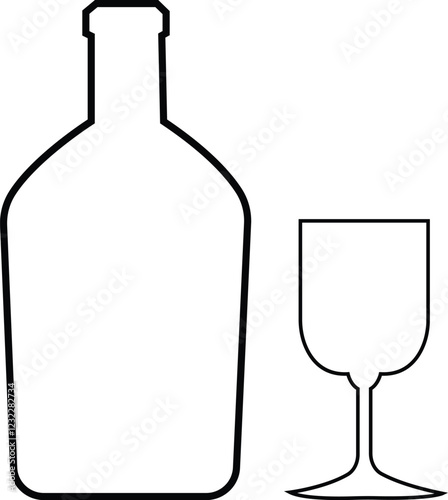 Alcohol bottle and glass line icons. Black outline vector silhouette with wine, cognac, champagne, beer. Alcohol linear collection elements monochrome isolated on transparent background.