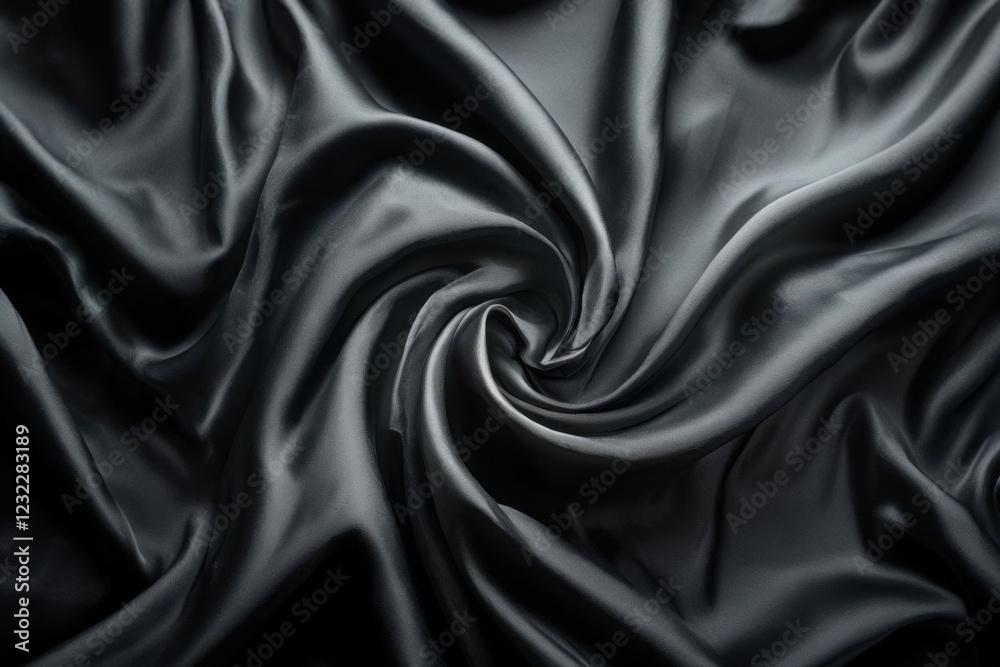 Fototapeta premium luxurious black satin or silk fabric with a smooth, glossy texture.The elegant folds and silky finish create a sense of opulence and sophistication,perfect for fashion or interior design inspirations