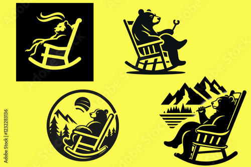 logo image of a bear sitting in a rocking chair, suitable for logo design for accessories companies, book factories, t-shirt designs, children's toys, gaming, shoes, towels, banners, socks