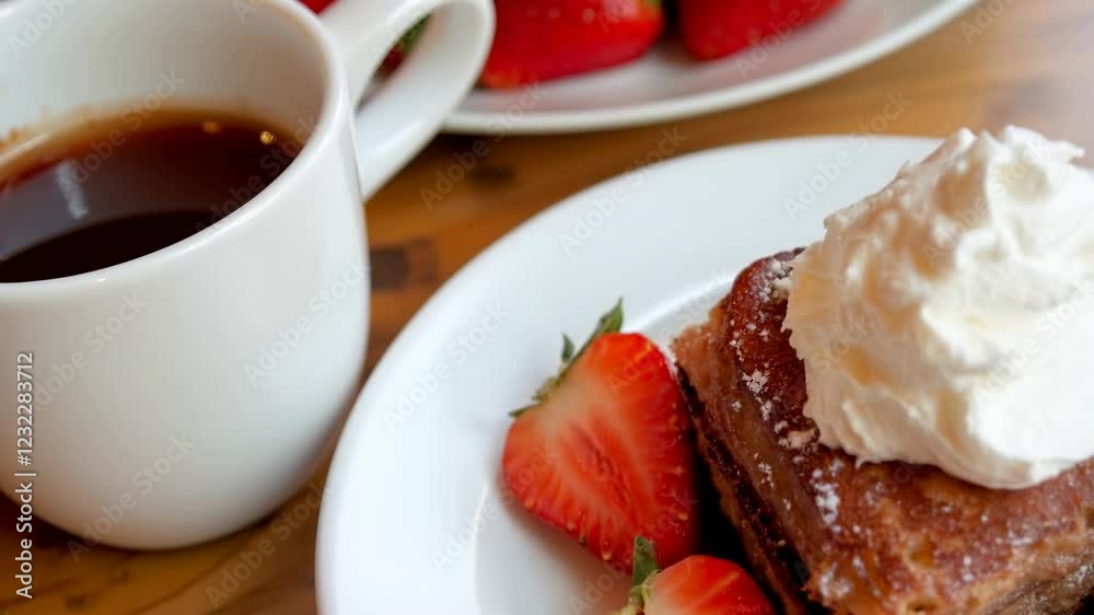 Close up view of a delicious dessert a piece of brown French toast topped with whipped cream and fresh strawberries, served on a white plate with a Close up view of a delicious dessert a piece of brown French toast topped with whipped cream and fresh strawberries, served on a white plate with a