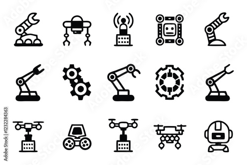 Create a single, editable line icon representing a robotic arm on an assembly line, symbolizing automation in the robotics industry.