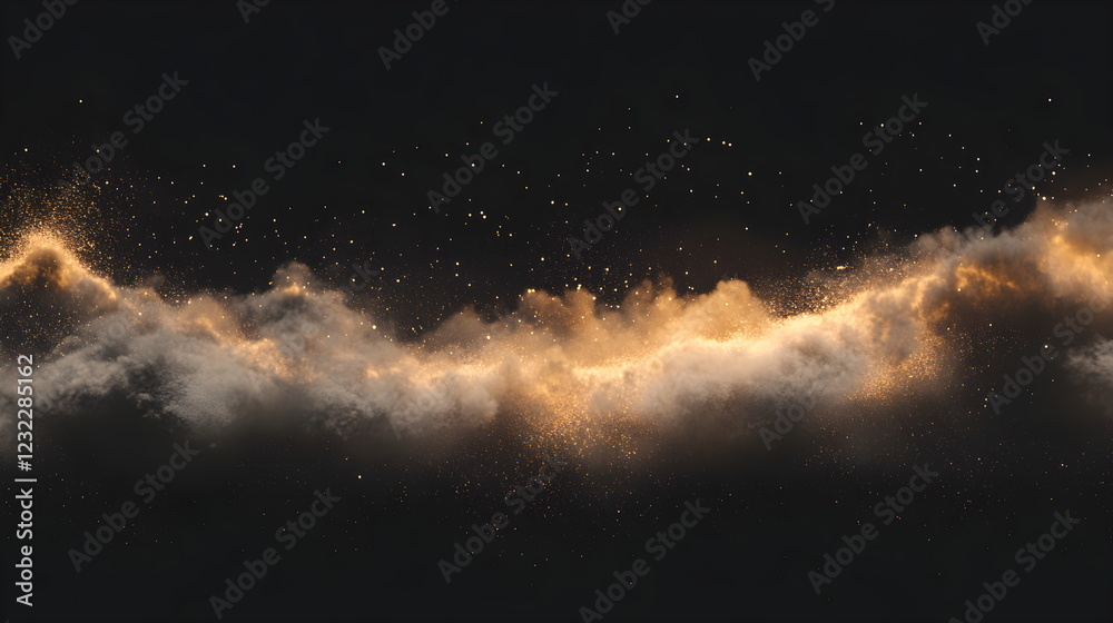 Fototapeta premium Energy glowing with gold and blue flashes and light rays and particles on black background. Abstract background with copyspace.