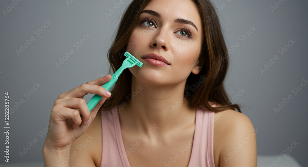 Woman holds razor near face. Female grooming with razor for beauty routine. Woman with razor for hair removal Woman holds razor near face. Female grooming with razor for beauty routine. Woman with razor for hair removal