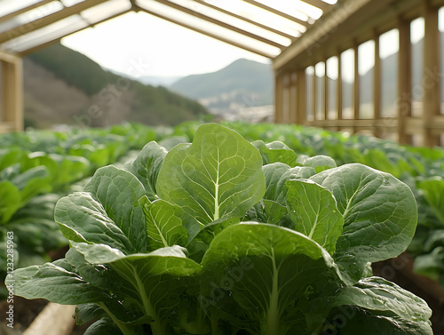 Lettuce farming, mountain view, greenhouse photo