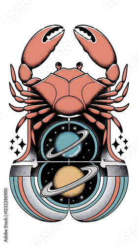 vertical alignment of Colored Cancer Zodiac Sign With celestial cosmic elements.