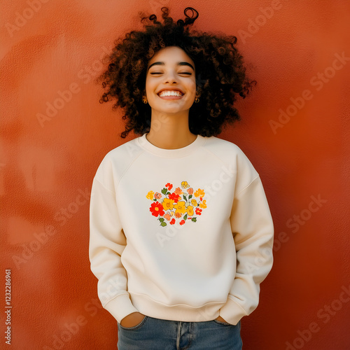 Smiling woman in cream floral sweatshirt