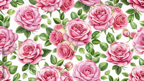 Detailed floral pattern of pink roses in a seamless repeating design on a white background , elegant, design,  elegant