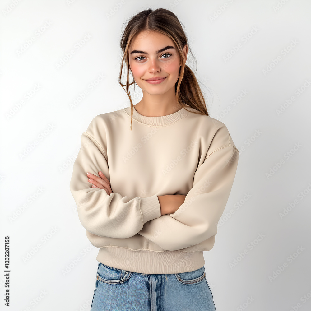 Young woman wearing beige sweatshirt and jeans, arms crossed, smiling at camera Young woman wearing beige sweatshirt and jeans, arms crossed, smiling at camera