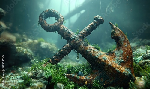 Underwater scene of a rusted anchor covered in seaweed near a sunken ship