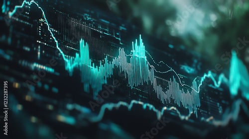 A dynamic digital graph displaying fluctuating data points against a dark, futuristic background, illustrating advanced analytics and modern finance in the digital age. photo