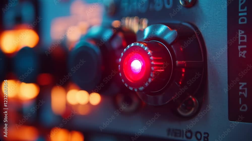 Close up view of a glowing red LED light on a metallic control knob, surrounded by other knobs and illuminated with blue and orange lighting. The Close up view of a glowing red LED light on a metallic control knob, surrounded by other knobs and illuminated with blue and orange lighting. The