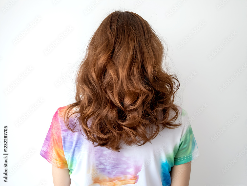 Redhead woman with long curly hair, viewed from behind Redhead woman with long curly hair, viewed from behind