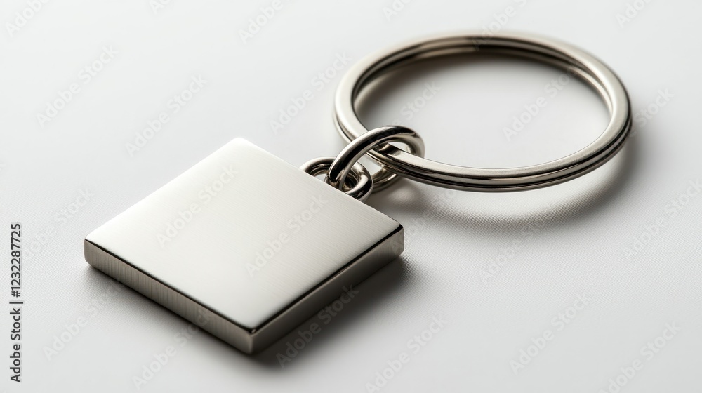 A sleek metal keychain with a blank square tag for customization or personalization. A sleek metal keychain with a blank square tag for customization or personalization.